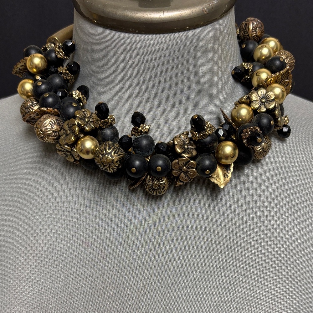 Black and Gold Cluster Bead Choker and Clip on Earrings Set